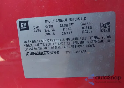 2016 Chevrolet Cruze Lt Auto z USA, uszkodzony, nr VIN 1G1BE5SMXG7267258